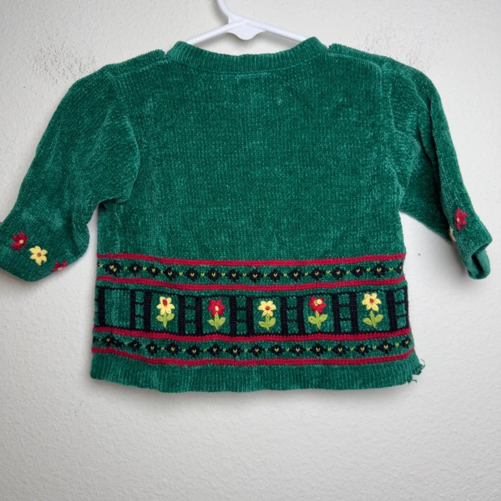 VTG 1998 Gymboree Baby Cotton Cardigan 3-6M Green Floral Embroidered Chenille